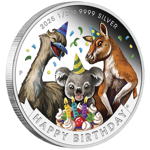 2025 Happy Birthday 1/2oz Silver Coloured Proof Perth Mint Coin in Gift Card