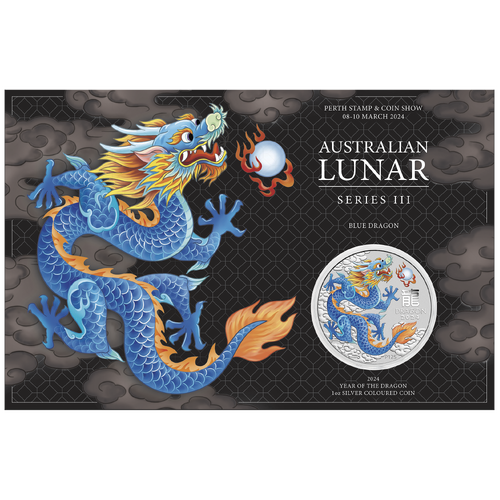 2024 Australian Lunar Series III Year of the Dragon - Blue Dragon Perth Stamp & Coin Show Special Edition 1oz Silver Coloured Perth Mint Coin in Card